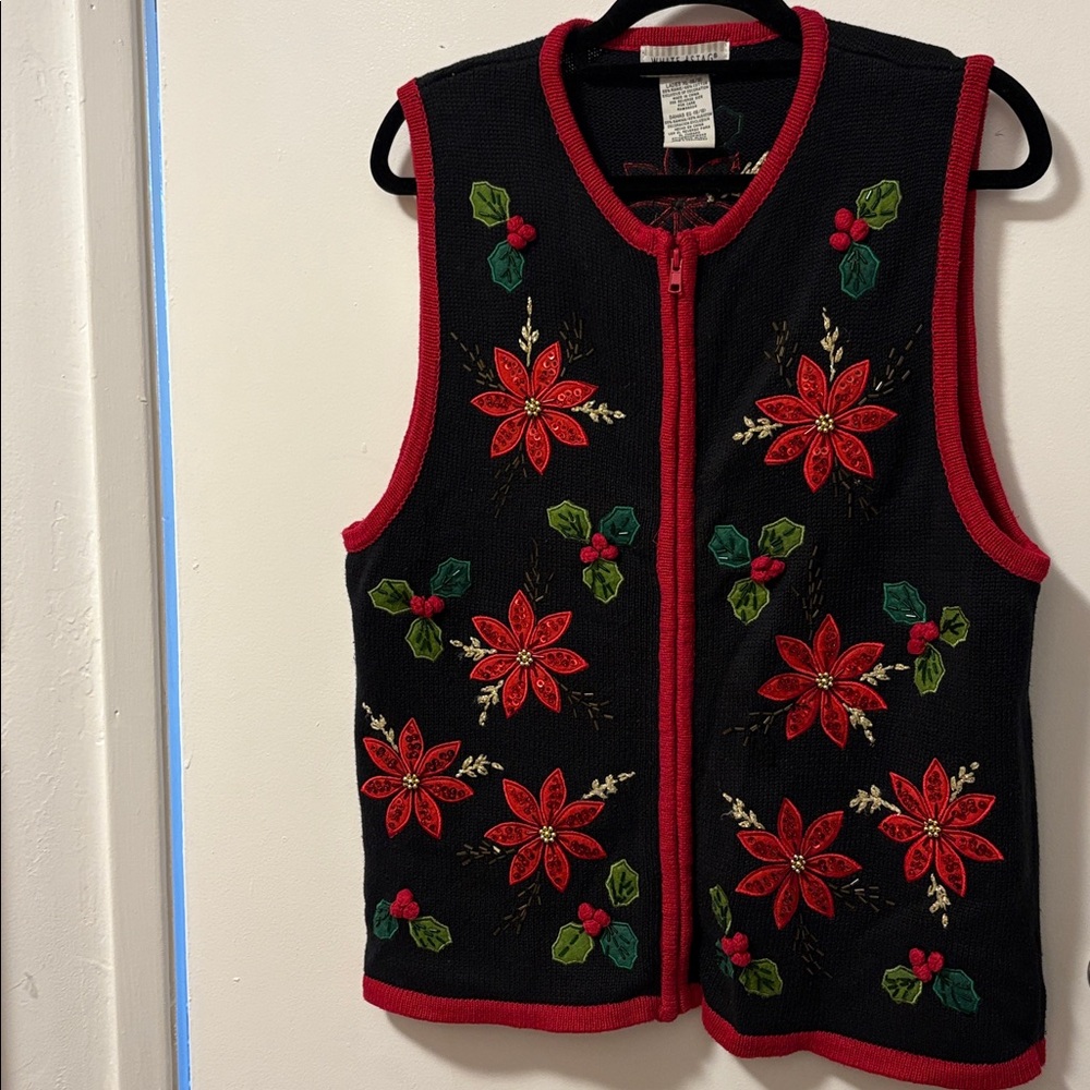 Festive Christmas Sweater Vest with Red and Green Poinsettia Embroidery, EUC, XL